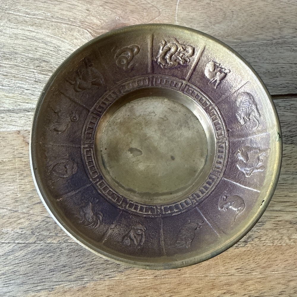 Vintage Solid Brass Korean Zodiac Signs Incense Burner Bowl 4.25"